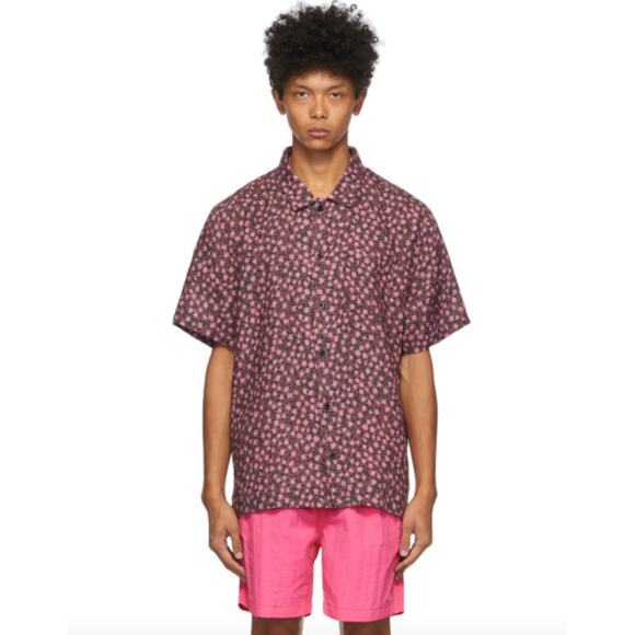 NWT Solid & Striped Pink Floral Geo Men's Cabana Shirt Linen Short Sleeve Top S - Picture 1 of 9